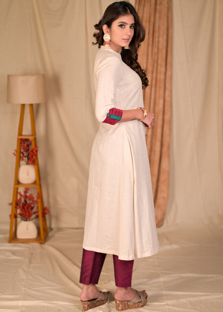 Classy A-Line Hand Painted Off-White Flex Kurta with Contrast Detailing - Pant Optional