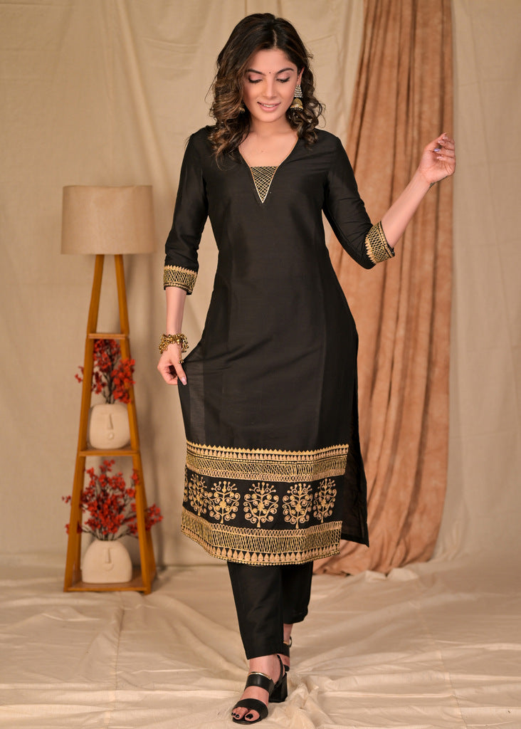 Trendy Straight Cut Black Cotton Silk Kurta with Embroidered Hem - Pant Optional