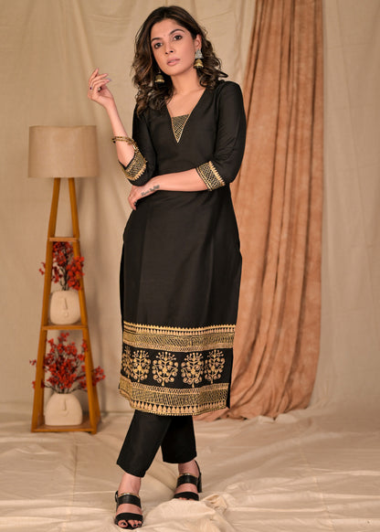 Trendy Straight Cut Black Cotton Silk Kurta with Embroidered Hem - Pant Optional