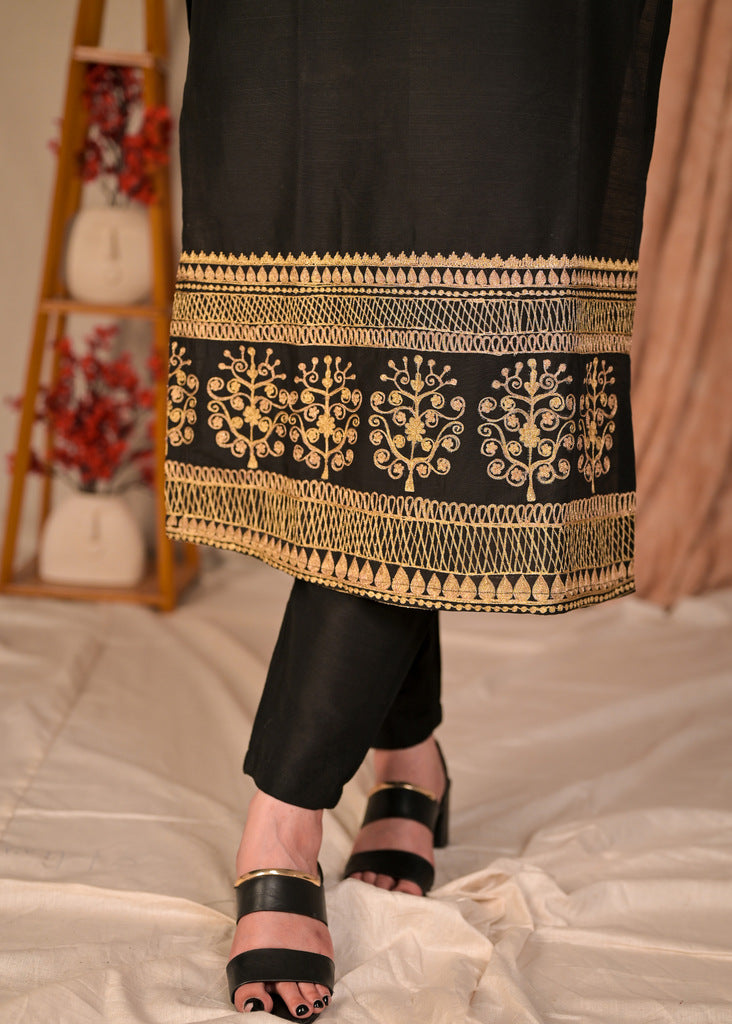 Trendy Straight Cut Black Cotton Silk Kurta with Embroidered Hem - Pant Optional