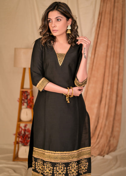 Trendy Straight Cut Black Cotton Silk Kurta with Embroidered Hem - Pant Optional