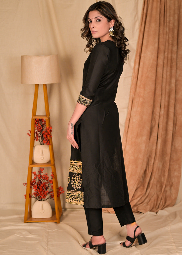 Trendy Straight Cut Black Cotton Silk Kurta with Embroidered Hem - Pant Optional