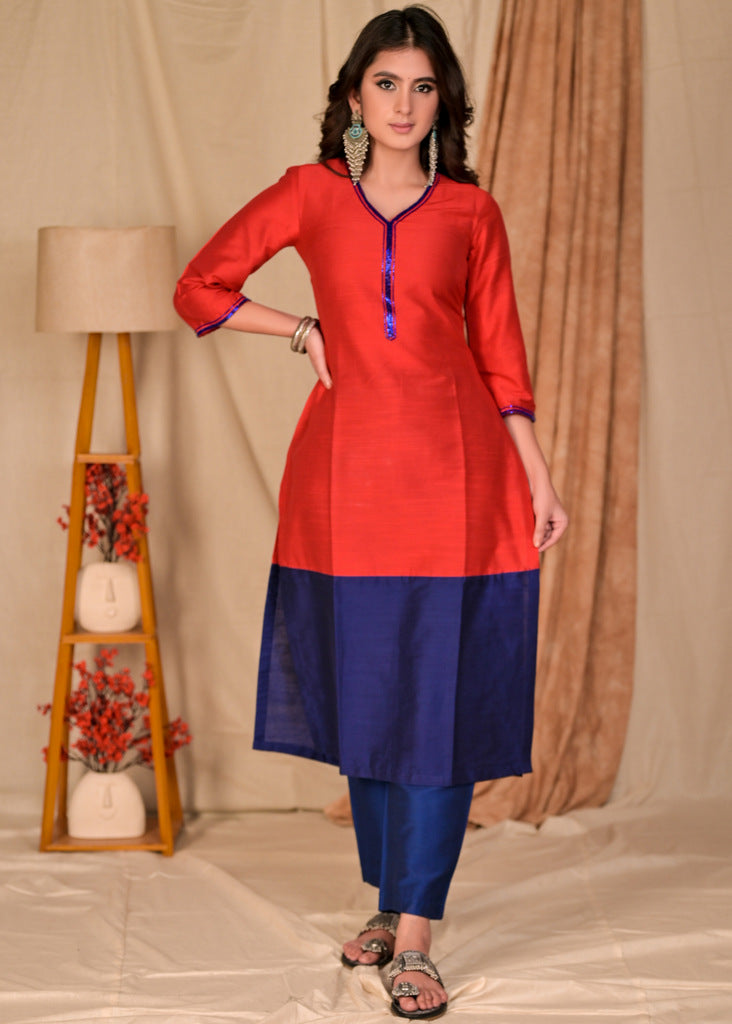 Stylish Straight Cut Red and Royal Blue Colour Blocked Silk Kurta with Glass Beaded Neckline - Pant Optional
