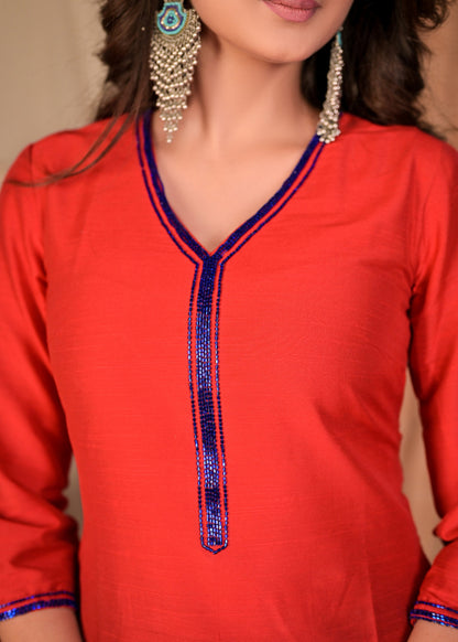 Stylish Straight Cut Red and Royal Blue Colour Blocked Silk Kurta with Glass Beaded Neckline - Pant Optional