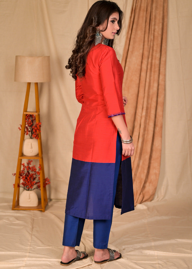 Stylish Straight Cut Red and Royal Blue Colour Blocked Silk Kurta with Glass Beaded Neckline - Pant Optional