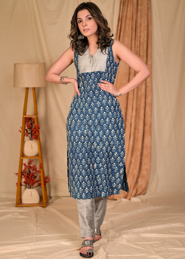 Exclusive Straight Cut Sleeveless Cotton Indigo Kurta with Grey Silk Yoke - Pant Optional