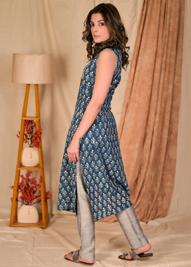 Exclusive Straight Cut Sleeveless Cotton Indigo Kurta with Grey Silk Yoke - Pant Optional