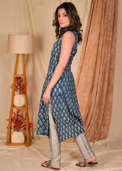 Exclusive Straight Cut Sleeveless Cotton Indigo Kurta with Grey Silk Yoke - Pant Optional