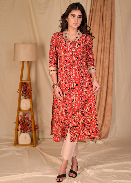 Exclusive Straight Cut Red Animal Print Cotton Ajrakh Kurta with Hand Painted Collar and Sleeves - Pant Optional