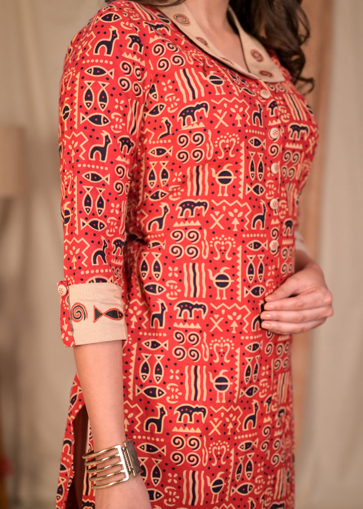 Exclusive Straight Cut Red Animal Print Cotton Ajrakh Kurta with Hand Painted Collar and Sleeves - Pant Optional