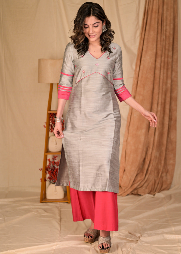 Classy Grey Cotton Silk Kurta with Hand Embroidered Lotus Motif on Yoke and Contrast Detailing - Palazzo Optional