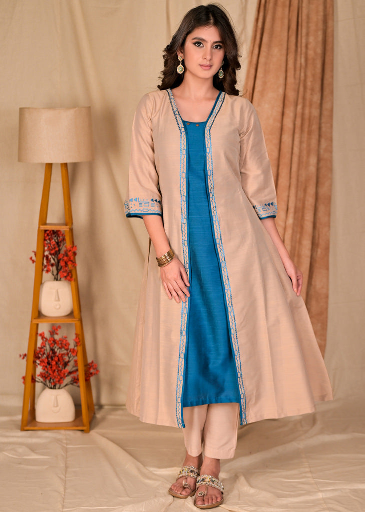 Beautiful Beige Cotton Silk Embroidered Jacket with Blue Cotton Silk Inner Set - Beige Palazzo Optional