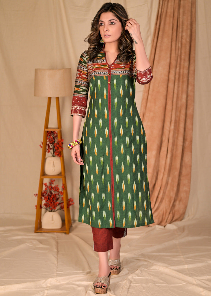 Trendy Emerald Green Combination Cotton Ikat Kurta with Embroidered Collars and Sleeves - Pant Optional