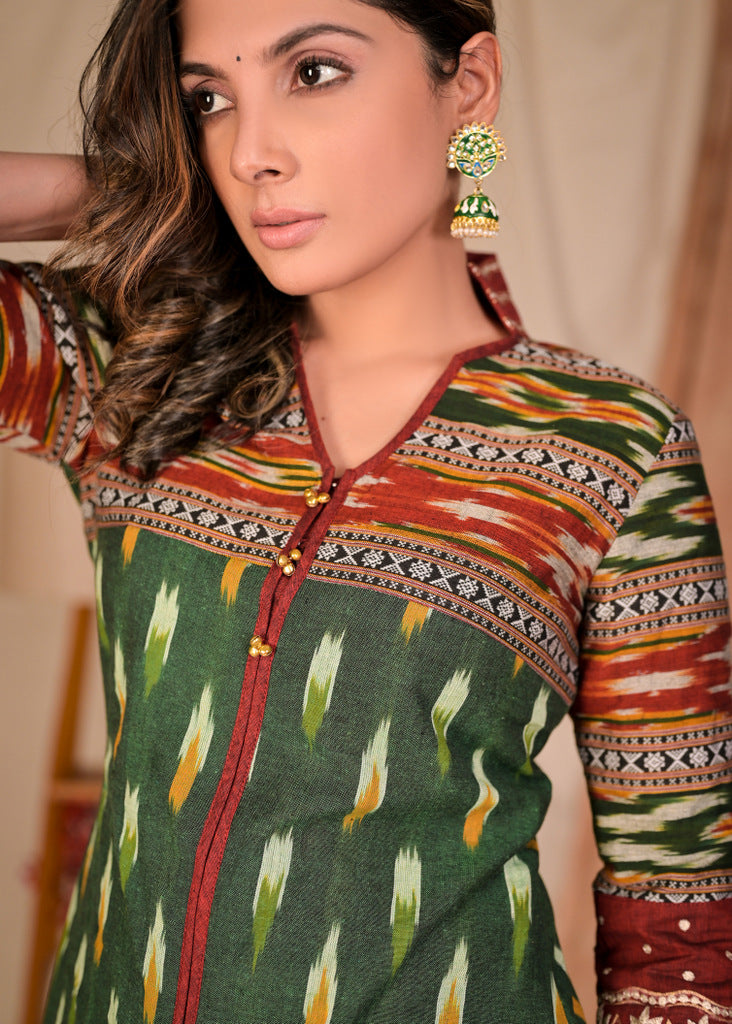 Trendy Emerald Green Combination Cotton Ikat Kurta with Embroidered Collars and Sleeves - Pant Optional