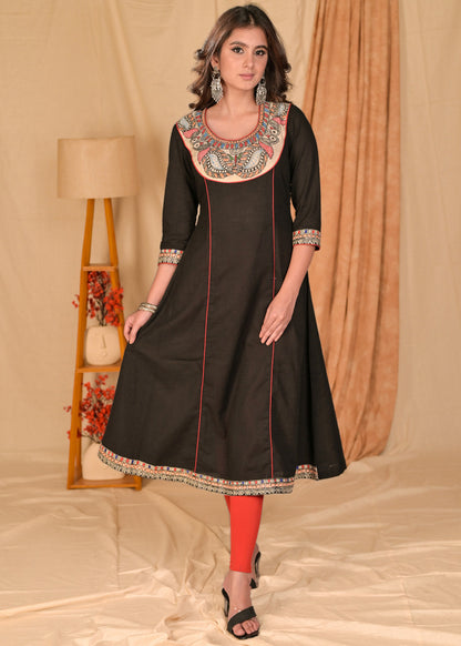 Trendy Black Cotton Kurta with Hand Painted Madhubani on Neckline - Pant Optional