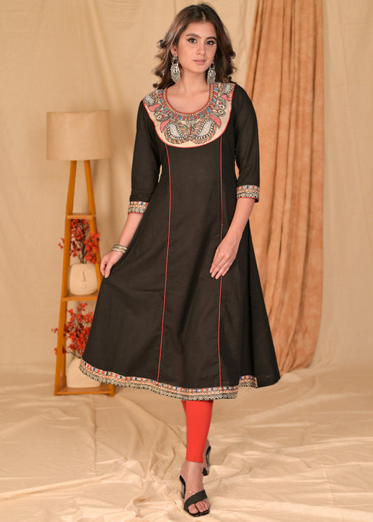 Trendy Black Cotton Kurta with Hand Painted Madhubani on Neckline - Pant Optional