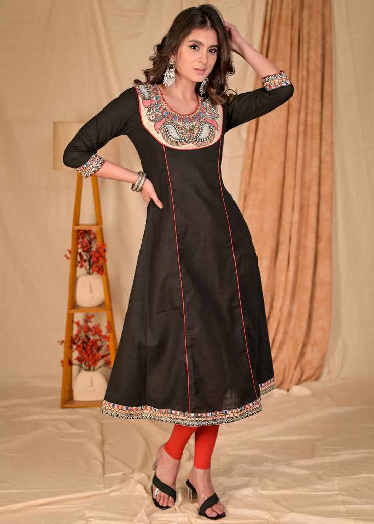 Trendy Black Cotton Kurta with Hand Painted Madhubani on Neckline - Pant Optional