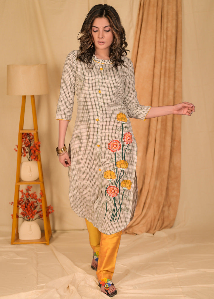 Straight Cut Off-white Cotton Ikat Kurta with Beautiful Floral Hand Painting - Pant Optional