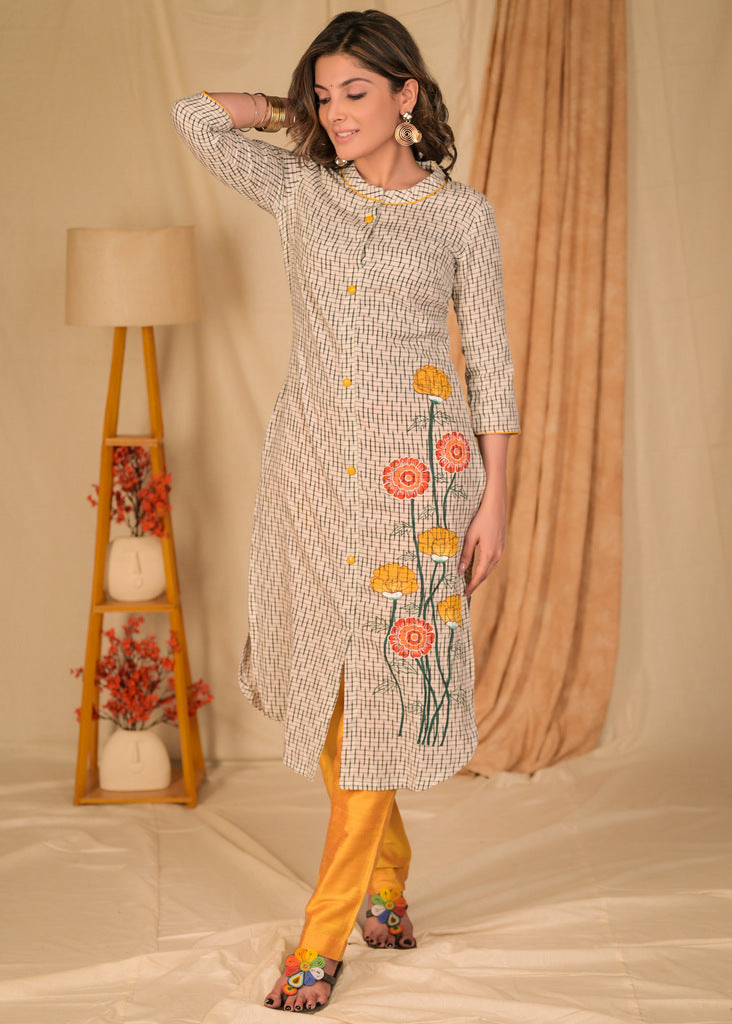 Straight Cut Off-white Cotton Ikat Kurta with Beautiful Floral Hand Painting - Pant Optional