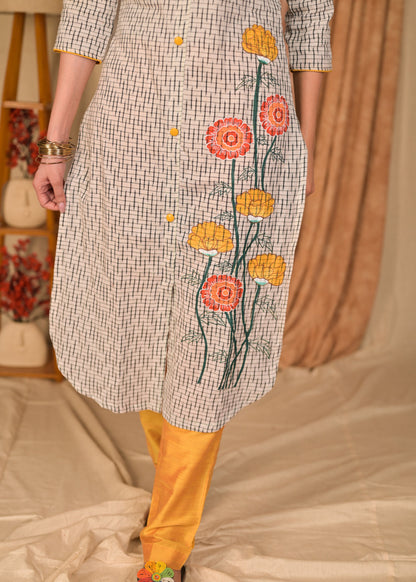 Straight Cut Off-white Cotton Ikat Kurta with Beautiful Floral Hand Painting - Pant Optional