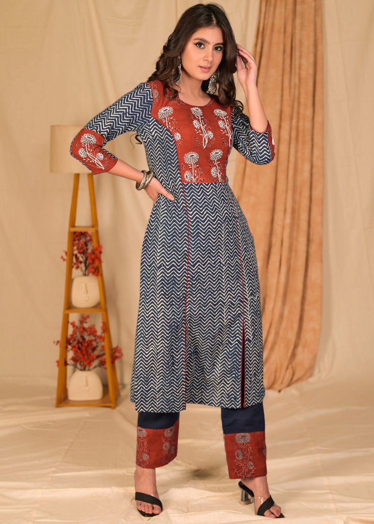 Beautiful Zig Zag Cotton Indigo and Ajrakh Combination Kurta with Hand Embroidered Yoke and Sleeves - Pant Optional