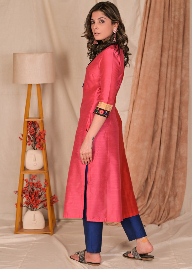 Elegant Straight Cut Red and Magenta Cotton Silk Combination Kurta with Embroidered Pocket and Sleeves