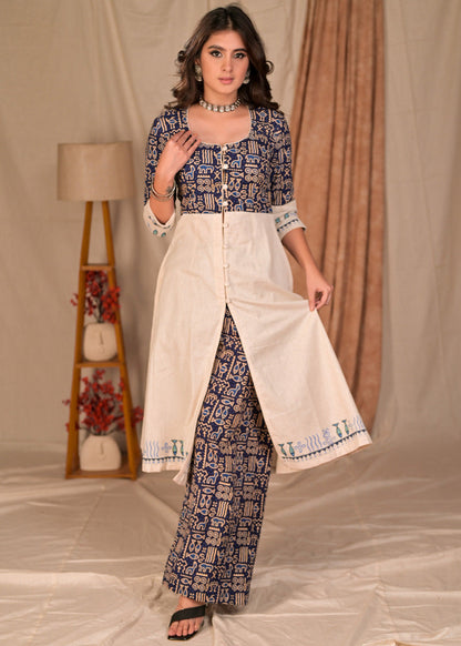 Exclusive Straight Cut Hand Painted Off-White and Animal Print Combination Kurta - Palazzo Optional
