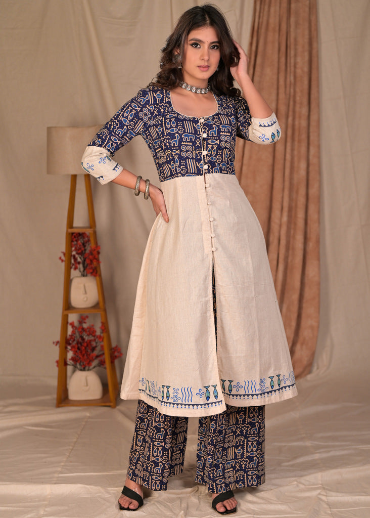 Exclusive Straight Cut Hand Painted Off-White and Animal Print Combination Kurta - Palazzo Optional