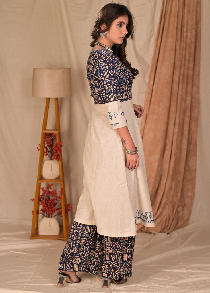 Exclusive Straight Cut Hand Painted Off-White and Animal Print Combination Kurta - Palazzo Optional