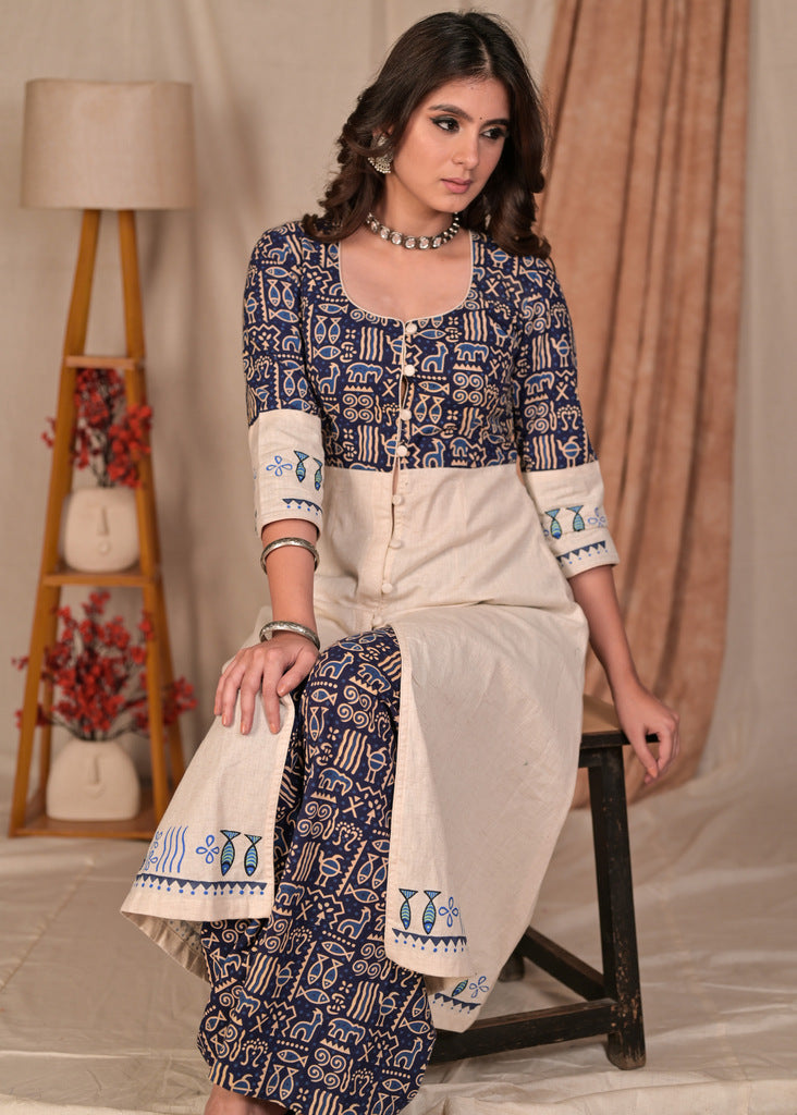 Exclusive Straight Cut Hand Painted Off-White and Animal Print Combination Kurta - Palazzo Optional