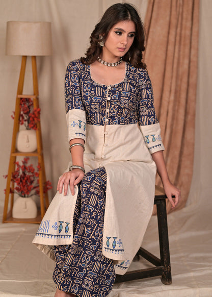 Exclusive Straight Cut Hand Painted Off-White and Animal Print Combination Kurta - Palazzo Optional