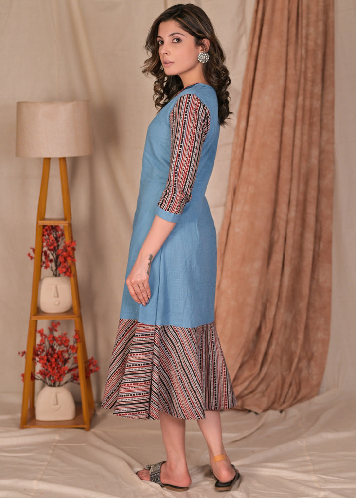 Beautiful Cotton Summer Blue Ajrakh Combination Flared Kurta / One Piece Dress