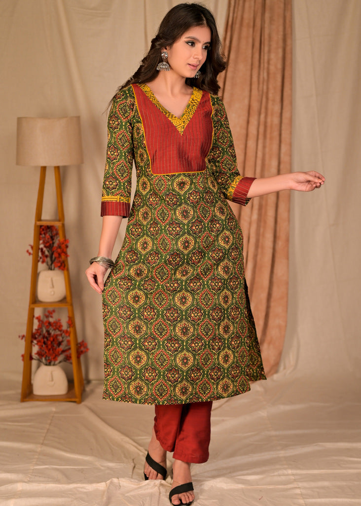 Beautiful Green Ajrakh Kurta with Contrast Pintucks Yoke - Pant Optional