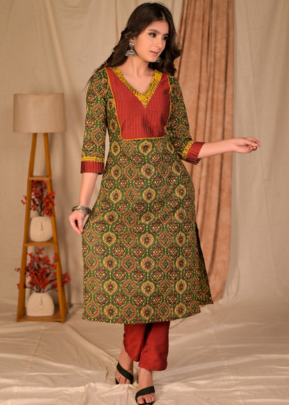 Beautiful Green Ajrakh Kurta with Contrast Pintucks Yoke - Pant Optional