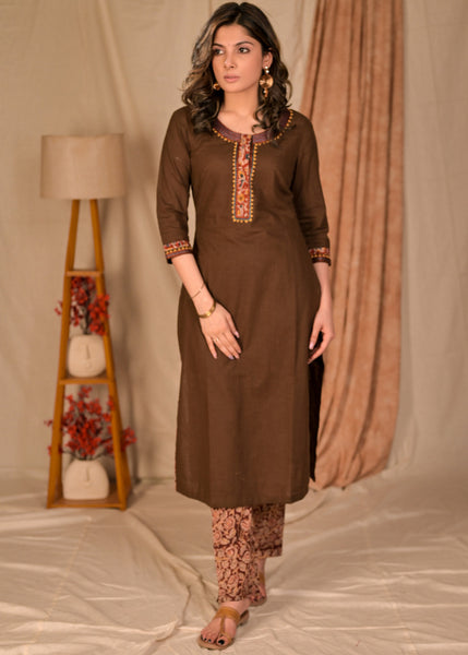 Classy Cotton Coffee Brown and Kalamkari Combination Embroidered Kurta - Pant Optional