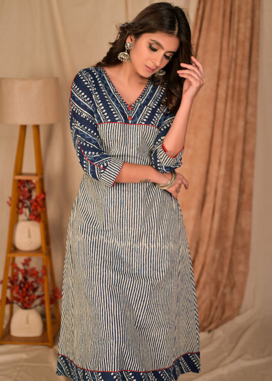 Classy Cotton Indigo Combination A Line Kurta - Pant Optional