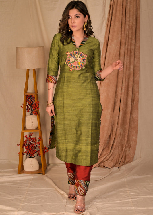 Exclusive Pure Cotton Straight Cut Kurta with Hand painted Madhubani Embroidered Applique - Pant Optional