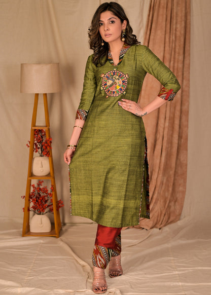 Exclusive Pure Cotton Straight Cut Kurta with Hand painted Madhubani Embroidered Applique - Pant Optional