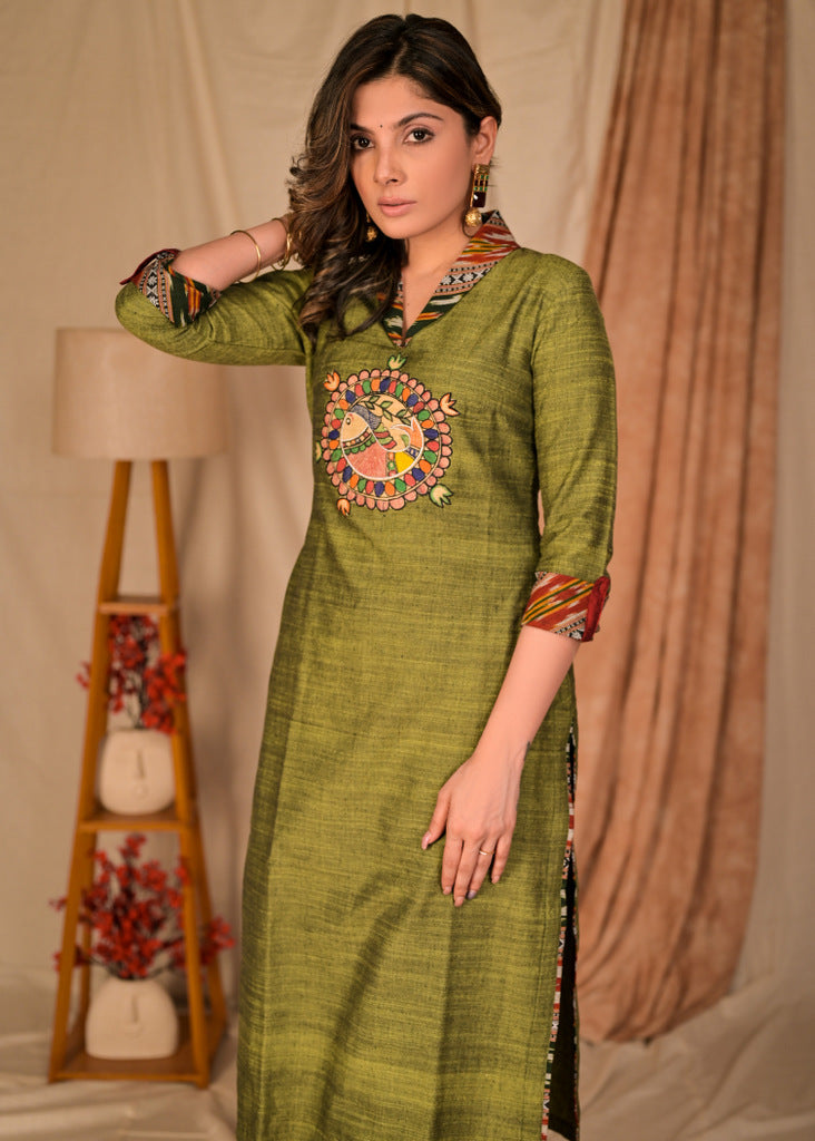 Exclusive Pure Cotton Straight Cut Kurta with Hand painted Madhubani Embroidered Applique - Pant Optional