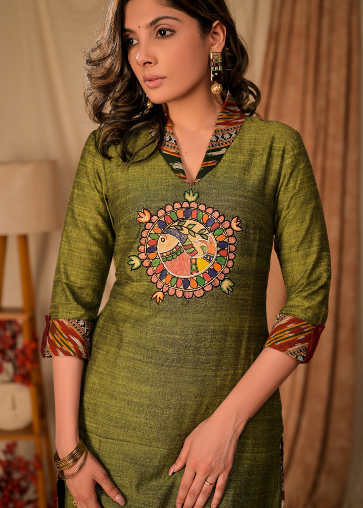 Exclusive Pure Cotton Straight Cut Kurta with Hand painted Madhubani Embroidered Applique - Pant Optional