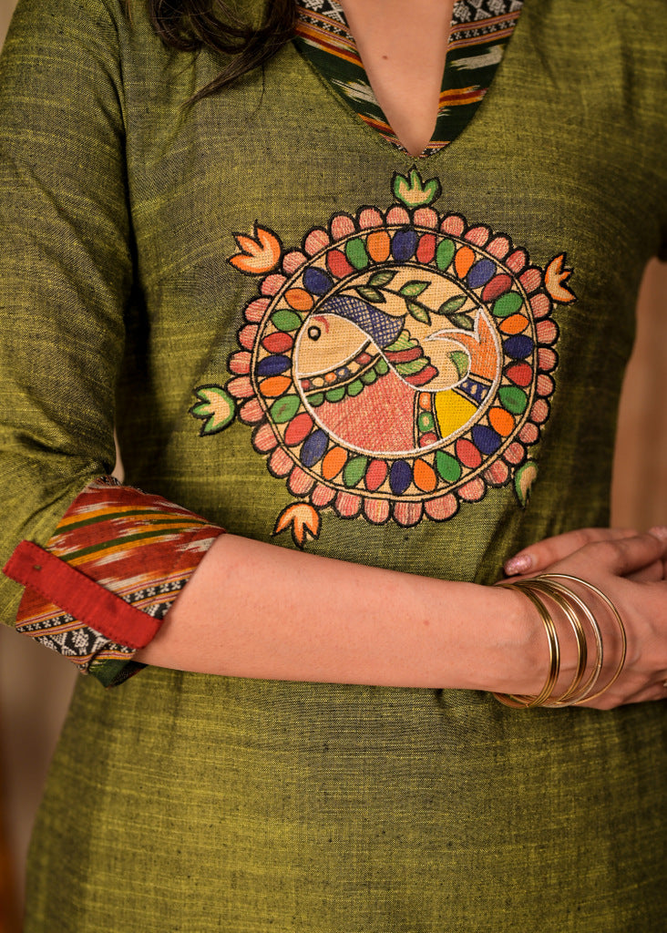 Dussehra Sale — Exclusive Pure Cotton Straight Cut Kurta with Hand painted Madhubani Embroidered Applique - Pant Optional