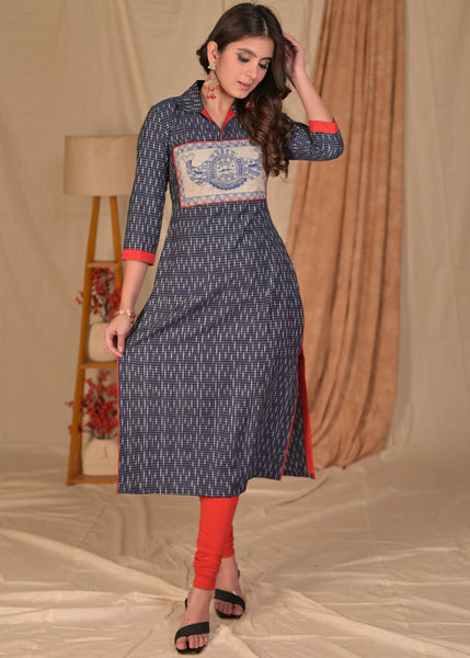 Trendy Blue Straight Cut Cotton Ikat Kurta with Hand Painted Madhubani Yoke