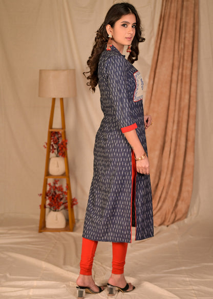 Trendy Blue Straight Cut Cotton Ikat Kurta with Hand Painted Madhubani Yoke