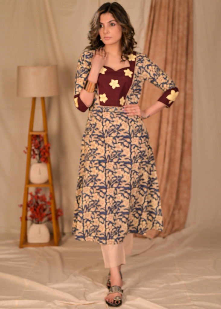 A Line Cotton Floral Print Kurta with Beautiful Floral Hand Painted Yoke - Pant Optional
