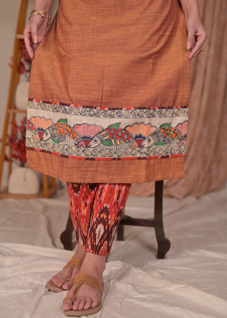 Elegant Pure Cotton Hand painted Madhubani Kurta - Ikat Pant Optional