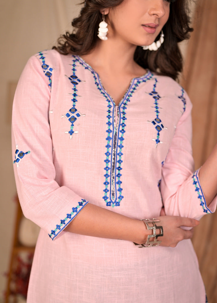 Trendy Cotton Summer blue Embroidered Kurta with Natural Print Pant - Chanderi Combination Dupatta Optional