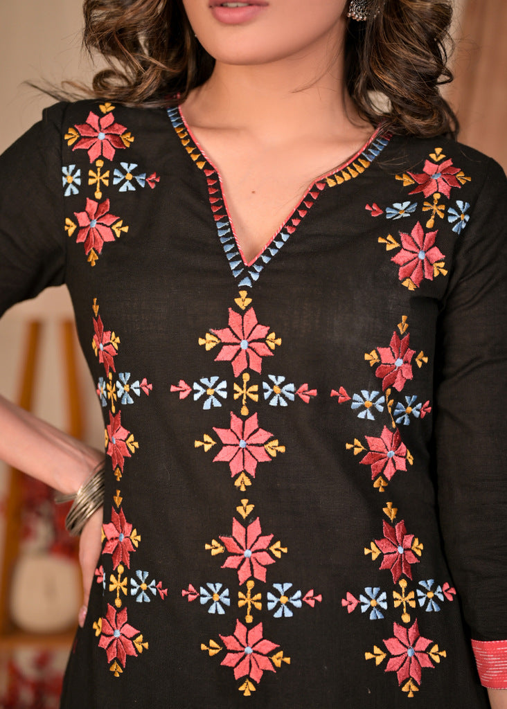 Elegant Black Cotton Embroidered Kurta and Matching Pant Set - Contrast Dupatta Optional