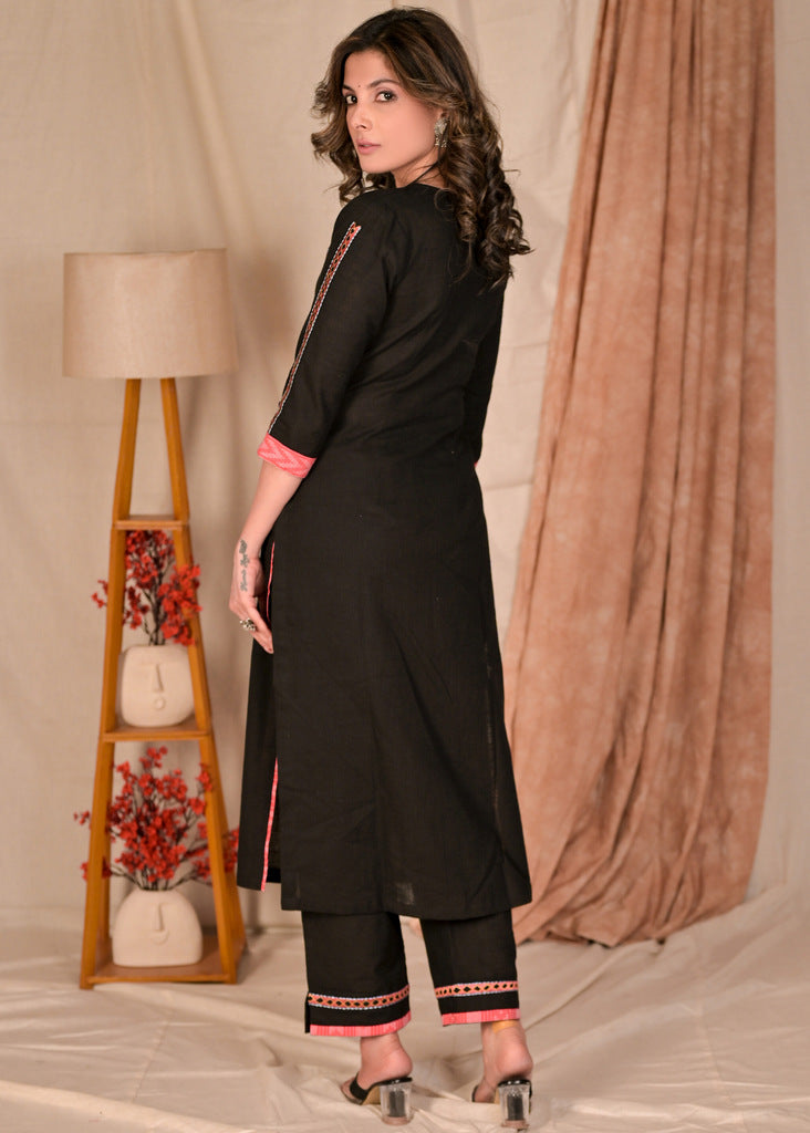 Elegant Black Cotton Embroidered Kurta and Matching Pant Set - Contrast Dupatta Optional