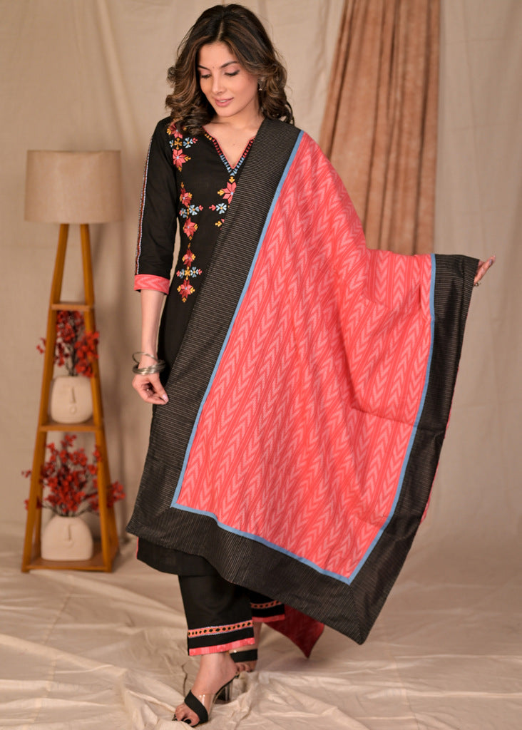 Black opda silk unstitched kurti with pink lehriya dupatta - Design Sanjoli  - 2482399