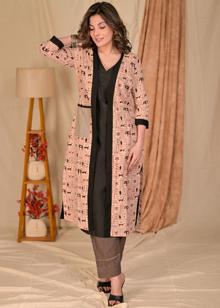 Classy Beige cotton Ajrakh Jacket with Black Inner - Pant Optional
